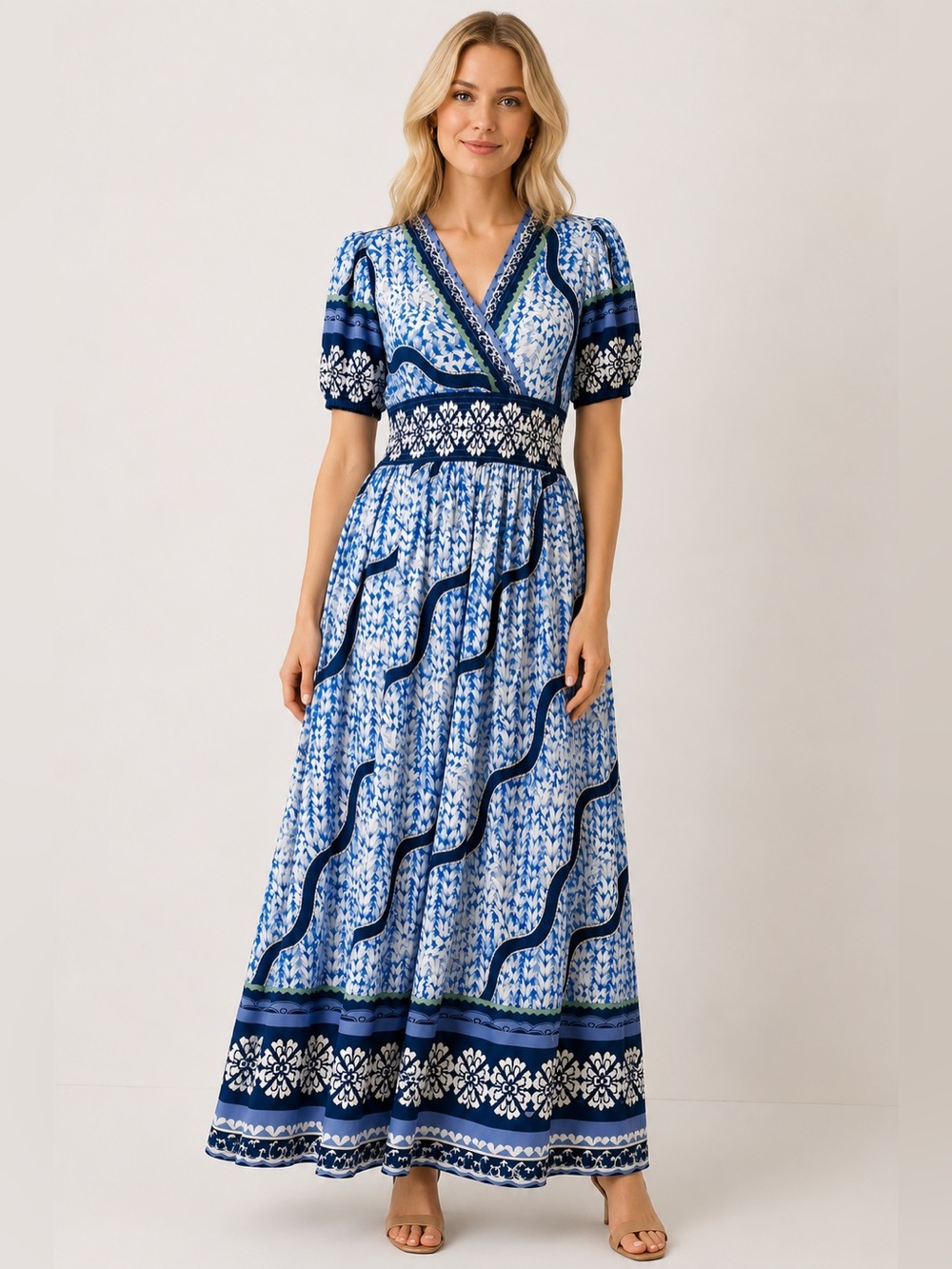 Gracia Smocked Empire Waist Puff Sleeve Cottagecore Maxi Dress Blue White S NEW